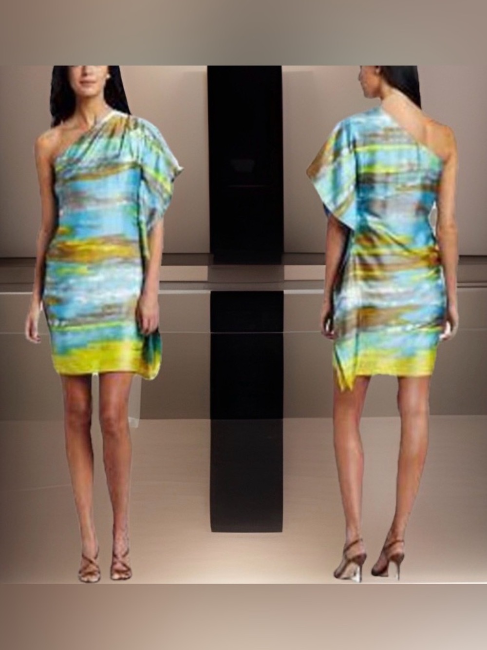 NWT Calvin Klein Women’s One-Shoulder Abstract Mini Dress in Blue & Yellow-4